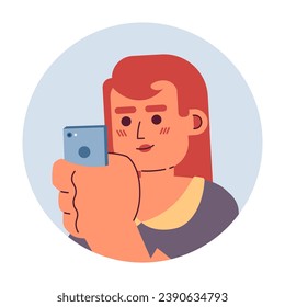 Smartphone woman asian-american 2D vector avatar illustration. Phone scrolling girl korean dyed hair cartoon character face. Mobile internet user flat color user profile image isolated on white