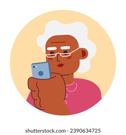 Smartphone woman black granny eyeglasses 2D vector avatar illustration. Phone scrolling grandma african american cartoon character face. Mobile user flat color user profile image isolated on white