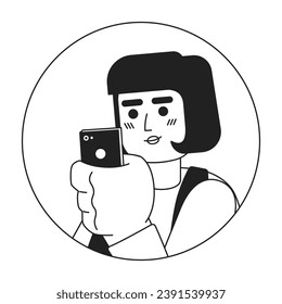 Smartphone woman caucasian bob hair black and white 2D vector avatar illustration. Phone scrolling girl european outline cartoon character face isolated. Mobile internet user flat portrait