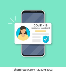 Smartphone with woman COVID-19 vaccination record card. Immunity Covid-19 certificate in a flat design