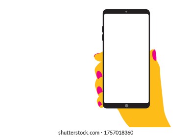 Smartphone and woman hands. Concept of using online media. Women's pink nail polish nails. The beautiful hand of the woman is holding a smartphone. blank phone screen