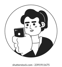 Smartphone woman hispanic mid adult black and white 2D vector avatar illustration. Phone scrolling latina professional outline cartoon character face isolated. Mobile internet user flat portrait