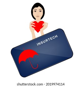 Smartphone. A woman holds a heart in her hands. InsurTech concept. The concept of insurance technology in medicine. Technologies in the insurance business. Mobile application insurance.