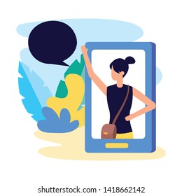 smartphone woman internet talking bubble vector illustration