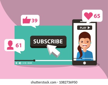 smartphone with woman on screen subscribe like follow love