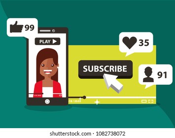 Smartphone Woman On Screen Subscribe Like Stock Vector (Royalty Free ...