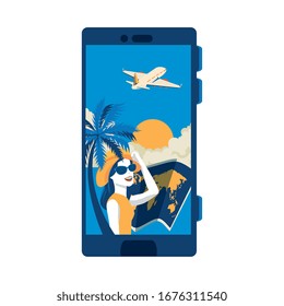 smartphone with woman in screen and app travel vector illustration design