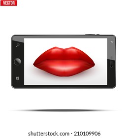 Smartphone with women's lips on the screen. Concept of selfie. Editable Vector Illustration isolated on white background.
