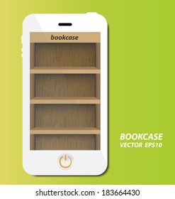 Smartphone with wooden bookcase background on screen for ebook