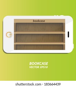 Smartphone with wooden bookcase background on screen for ebook