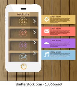 Smartphone with wooden bookcase background on screen for ebook. Modern infographic design template.