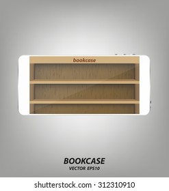 Smartphone with wooden bookcase background on screen for ebook
