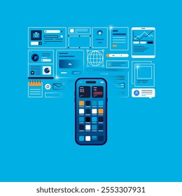 Smartphone, work process. Smartphone against a background of many open windows.