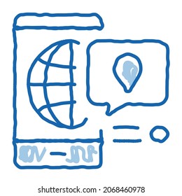 Smartphone World Gps Map sketch icon vector. Hand drawn blue doodle line art Phone Application With Electronic Map, Quote Frame With Mark sign. isolated symbol illustration
