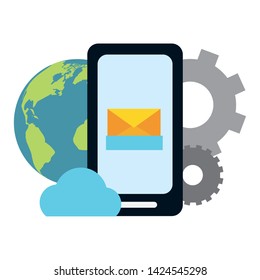 smartphone world setting cloud computing send email vector illustration