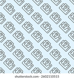 Smartphone with wrench popup window line seamless pattern, repair service theme. Vector graphics. Phone with repairman message sign with background, repeat line icon