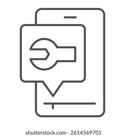Smartphone with wrench popup window thin line icon, repair service concept. Vector graphics. Phone with repairman message sign on white background, linear style icon for mobile or web design