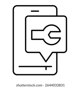 Smartphone con el icono de línea delgada de la ventana emergente de la llave, concepto de servicio de reparación. Gráficos de Vector. Teléfono con señal de mensaje de reparador sobre fondo blanco, estilo o diseño móvil