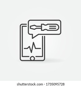 Smartphone with Wrench in speech bubble line icon. Vector Phone repair and maintenance concept sign