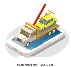 Smartphone with yellow car on tow truck evacuator on screen, flat vector isometric illustration. Roadside assistance, car towing online service.
