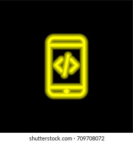 Smartphone yellow glowing neon ui ux icon. Glowing sign logo vector