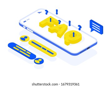A smartphone with a yellow isometric FAQ and dialog boxes for answers to frequently asked questions. Isometric vector illustration on a white background.