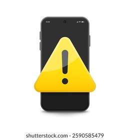 Smartphone with yellow warning exclamation mark isolated on white background, vector illustration. Critical notification, device security issue, spam alert