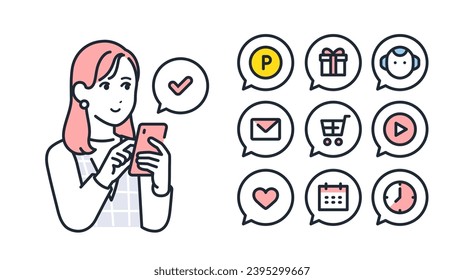 Smartphone and young woman simple vector icon illustration set material