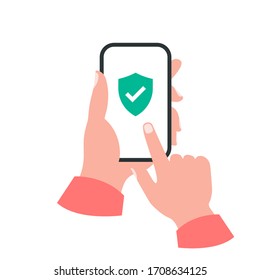 Smartphone in your hand concept. Shield check mark