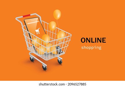 smartphone,credit card and balloons are floating and all object in shopping cart for delivery and online shopping concept design,vector 3d virtual on orange background for advertising