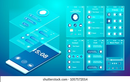 Smartphone.Modern different UI, UX and GUI template with flat web icons including Calling, Calendar, Music, Messaging, Chat, for Mobile Apps. Isometric. 