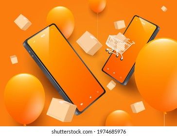 Smartphone,parcel box and shopping cart floating in the air on an orange background with balloons full of space,delivery and shopping online concept design,vector 3d for advertising design