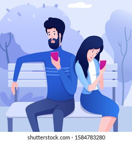 Smartphones addiction flat vector illustration. Young couple, husband and wife sitting on bench cartoon characters. Girlfriend and boyfriend obsessed with gadgets. people ignoring each other