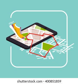 Smartphone-App mit Gleis, die mit Route angezeigt werden. Vektorillustration Fitness Route Tracking Konzept Illustration. Flaches Design, modernes Vektorillustration-Illustrationskonzept.