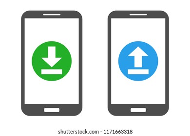 Smartphones with backup and restore buttons on screen. Vector.