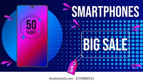 Smartphones Big Sale. 50% off. Banner for web or e-commerce. Editable banner with blue gradient background. White letters. Bebas Neue Bold typography