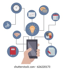 Smartphones with business icons. Mobile smartphone services and applications. Social network and teamwork.