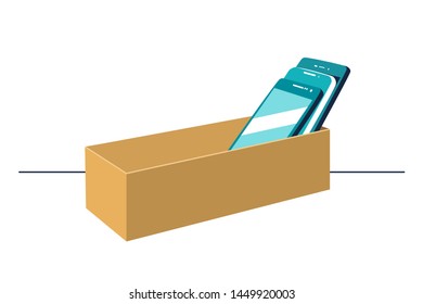 Smartphones in cardboard box 
symbolizing digital detox concept. Mobile phones rejection, prohibition sign. Vector illustration, eps8