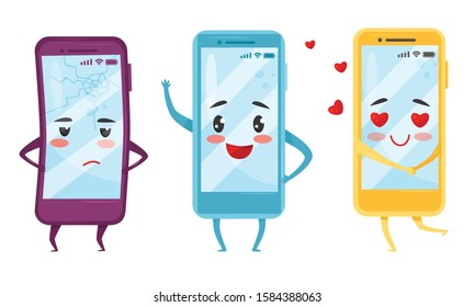 Smartphones Cartoon Characters with Funny Faces Collection, Cute Phones with Various Emotions Vector Illustration