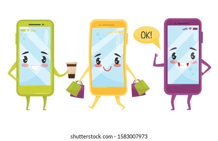 Smartphones Cartoon Characters with Happy Funny Faces Collection, Cute Phones in Different Situations Vector Illustration