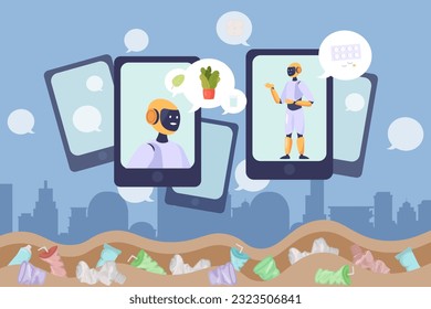 Smartphones with chatbots polluting nature vector illustration. AI robots on screen discussing plants and medicine while environment suffering from plastic. Harm of artificial intelligence concept