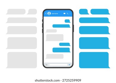 Smartphones chateando burbujas de Plantilla de mensajes. Plantillas de chat con mensajes, teléfonos y burbujas de discurso azul en estilo plano. Burbujas de Plantilla SMS para componer diálogos.