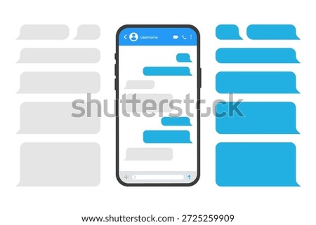Smartphones chatting message template bubbles. Chat templates with messages, phones, and blue speech bubbles in flat style. SMS template bubbles for composing dialogues.
