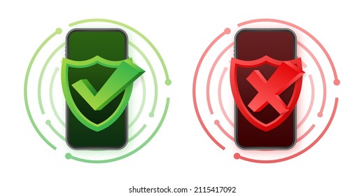 Smartphones con marcas de verificación marcadas. Marcas de comprobación y cruces. Ilustración de material vectorial.