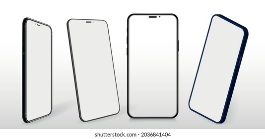 Smartphones collection at different angles, rotated positions. 3D realistic cell phones mockups with blanks screens. Vector isolated set. Mockup generic device. Mobile phones 3D. Vector smartphones