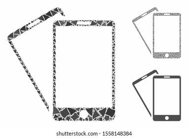 Smartphones composition of abrupt pieces in various sizes and color tones, based on smartphones icon. Vector trembly pieces are combined into composition.