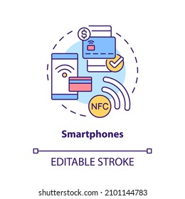 Smartphones Concept Icon. NFC Payment Solution. Touchless System Abstract Idea Thin Line Illustration. Isolated Outline Drawing. Editable Stroke. Roboto-Medium, Myriad Pro-Bold Fonts Used