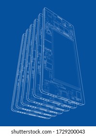 Smartphones concept outline. Vector rendering of 3d. Wire-frame style. The layers of visible and invisible lines are separated