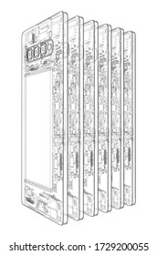 Smartphones concept outline. Vector rendering of 3d. Wire-frame style. The layers of visible and invisible lines are separated