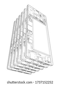 Smartphones concept outline. Vector rendering of 3d. Wire-frame style. The layers of visible and invisible lines are separated